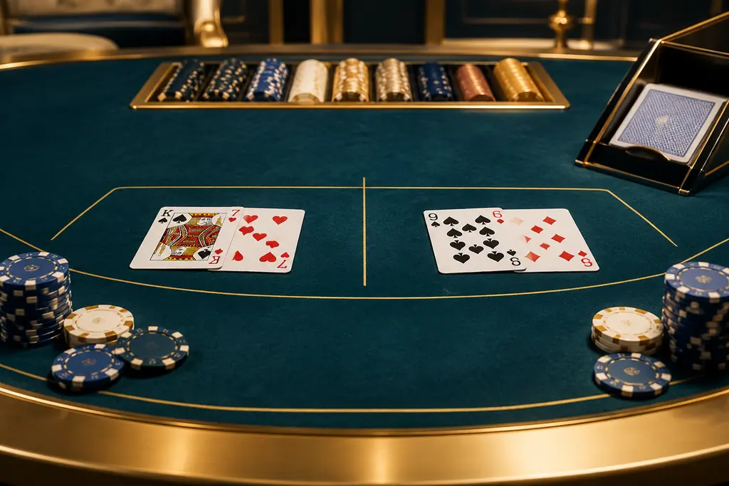 Meja baccarat dengan dua kelompok kartu dan keping