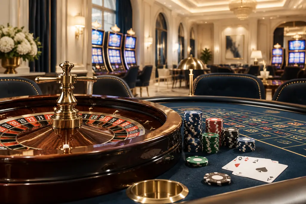 Ruang kasino konseptual dengan meja roulette, kartu dan mesin slot di latar