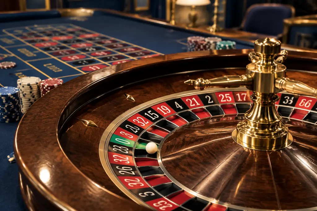 Roda roulette dan bola dalam ruang kasino