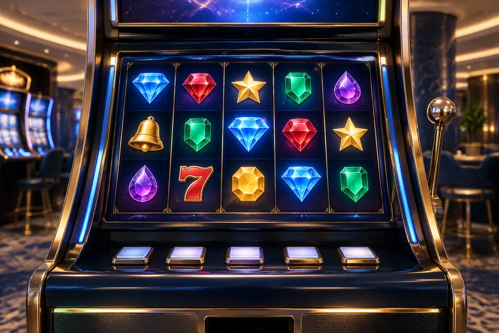 Konsep mesin slot bertema permata dan ruang angkasa